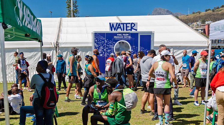 A Bluewater hydration station shows how human ingenuity can solve a water scarcity problem by turning non-potable water into pristine drinking water at the Cape Town marathon