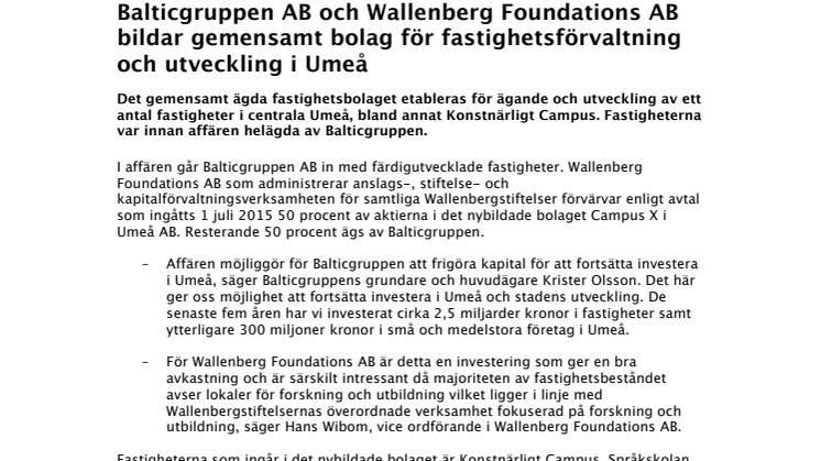 Balticgruppen AB och Wallenberg Foundations AB bildar gemensamt bolag för fastighetsförvaltning och utveckling i Umeå 