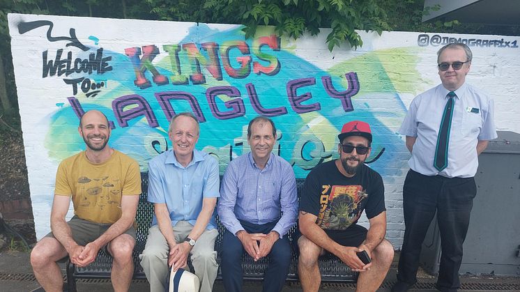 Station adopter Alex Michaels, councillor Alan Johnson, John Richardson from Imagination Technologies, Demograffix graffiti artist Mark Tanti and LNR Kings Langley booking office worker Ian Hendey