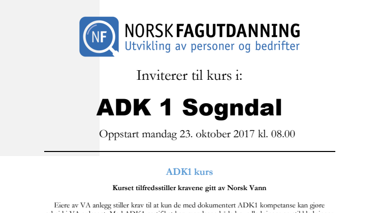 Invitasjon til ADK 1 kurs i Sogndal med oppstart 23 oktober 2017