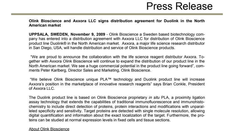 Olink Bioscience and Axxora LLC signs distribution agreement for the US market
