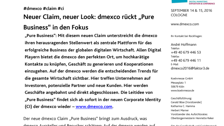 Neuer Claim, neuer Look: dmexco rückt „Pure Business“ in den Fokus