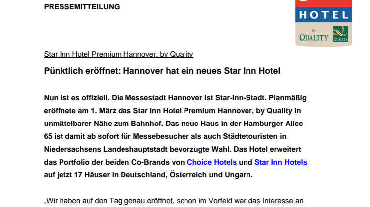 Pünktlich eröffnet: Hannover hat ein neues Star Inn Hotel Premium, by Quality