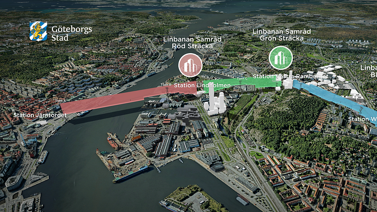 Bild från 3D-modellen över Göteborgs stadslinbana som finns tillgänglig på webben och på de samrådsmöten som nu pågår.