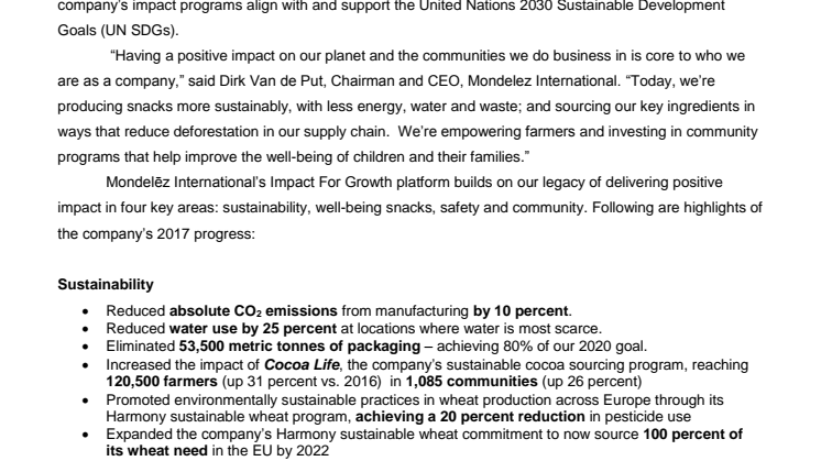 Fortschritte bei Nachhaltigkeitszielen für 2020 - Mondelez International’s „Impact For Growth“ Report 