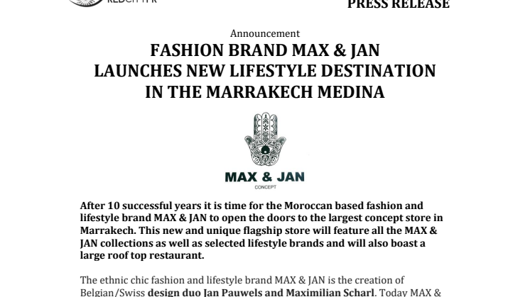 FASHION BRAND MAX & JAN  LAUNCHES NEW CONCEPT STORE IN THE MARRAKECH MEDINA
