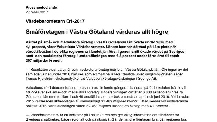 Värdebarometern Q1-2017 Västra Götalands län
