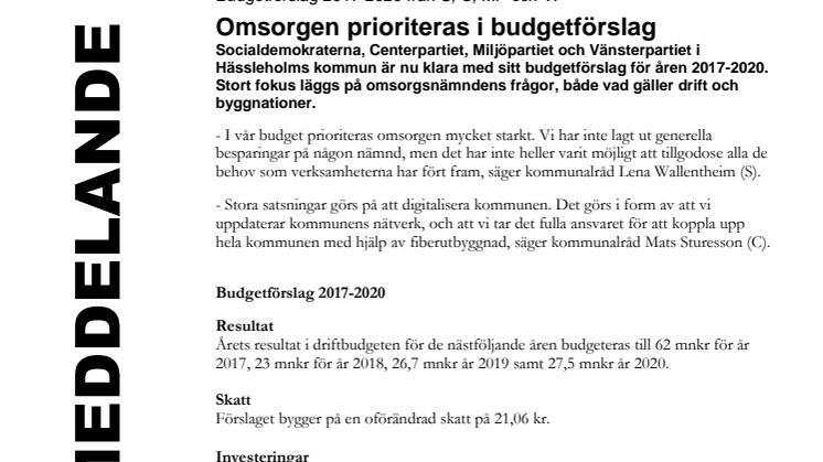 Omsorgen prioriteras i budgetförslag
