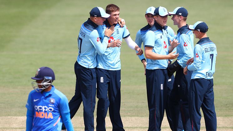 Somerset's Kasey Aldridge celebrates a wicket for England U19s against India in 2019