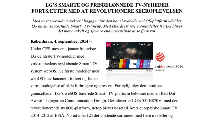 LG’S SMARTE OG PRISBELØNNEDE TV-NYHEDER FORTSÆTTER MED AT REVOLUTIONERE SEEROPLEVELSEN
