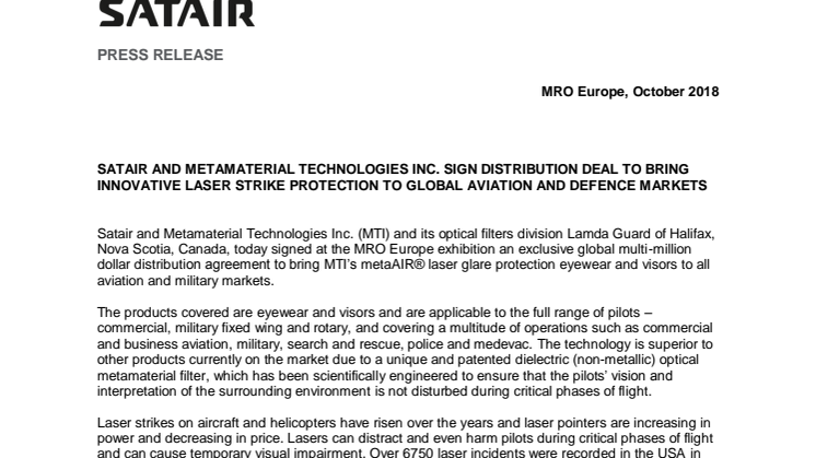 Satair and Metamaterial Technologies Inc. sign distribution deal to bring innovative laser strike protection to global aviation and defence markets