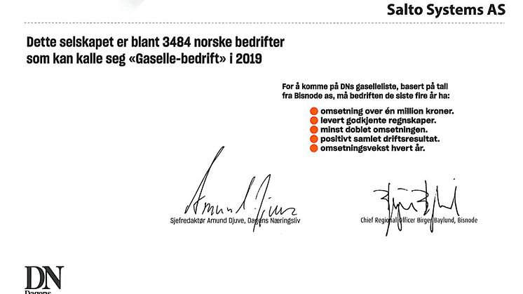 SALTO Systems AS har fått utmerkelsen DN Gaselle 2019