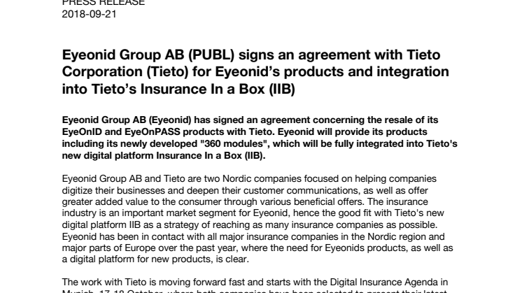 Eyeonid Group AB (PUBL) signs an agreement with Tieto Corporation (Tieto) for Eyeonid’s products and integration into Tieto’s Insurance In a Box (IIB)