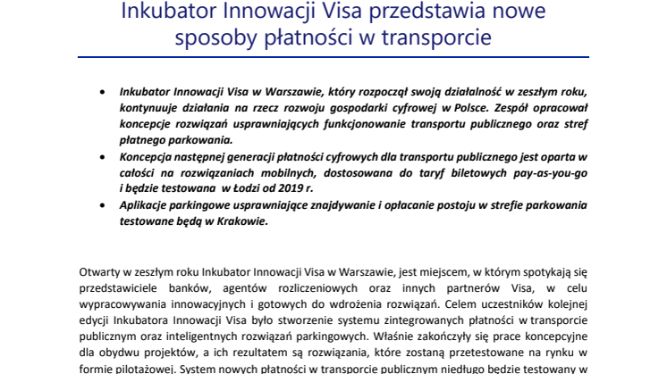 Inkubator Innowacji Visa przedstawia nowe sposoby płatności w transporcie