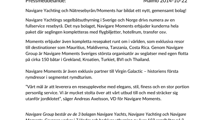 Navigare Yachting och Nätresebyrån/Moments har bildat ett nytt, gemensamt bolag! 