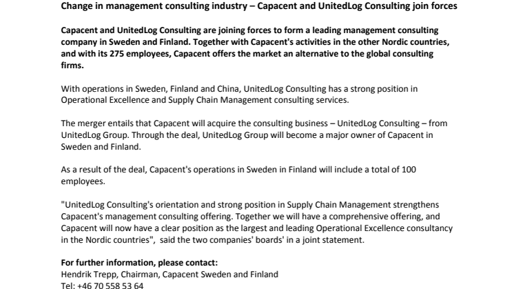 Change in management consulting industry – Capacent and UnitedLog Consulting join forces