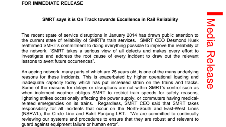 SMRT says it is On Track towards Excellence in Rail Reliability