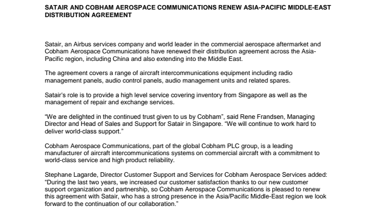 Satair and Cobham Aerospace Communications renew Asia-Pacific Middle East distribution agreement