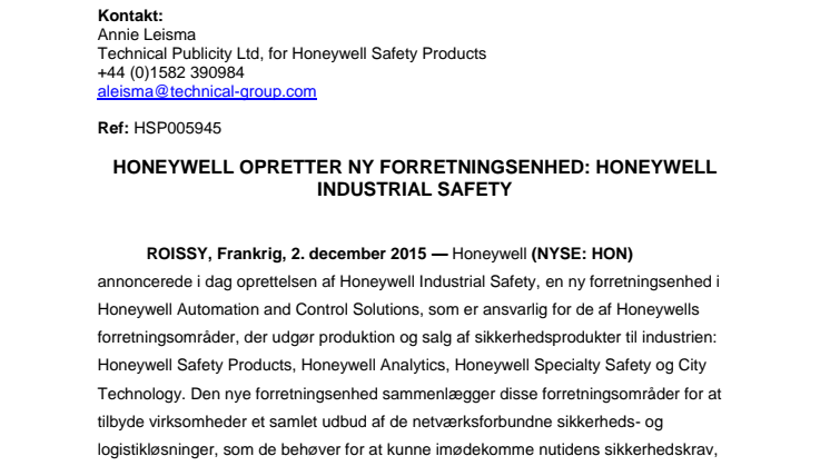 Honeywell opretter ny forretningsenhed: Honeywell Industrial Safety