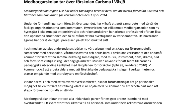 Medborgarskolan tar över förskolan Carisma i Växjö