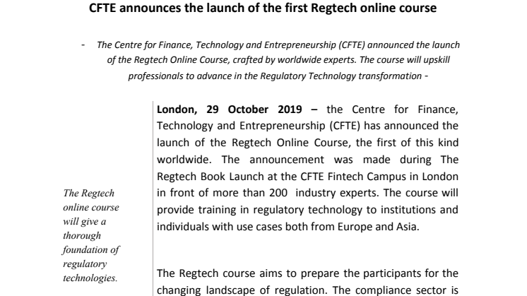 CFTE announces the launch of the first Regtech online course