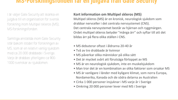 MS-Forskningsfonden erhåller en julgåva från Gate Security