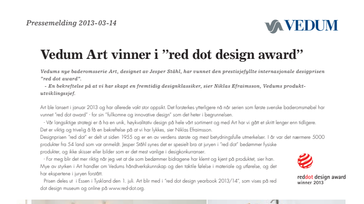 Vedum Art vinner i ”red dot design award”