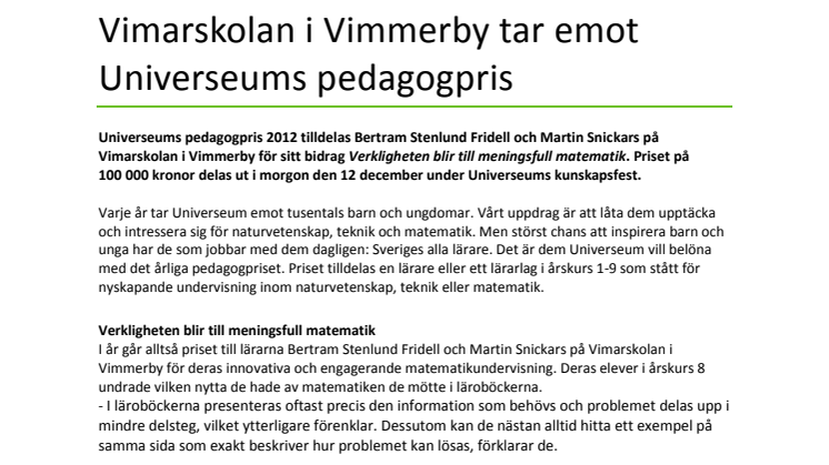 Vimarskolan i Vimmerby tar emot Universeums pedagogpris