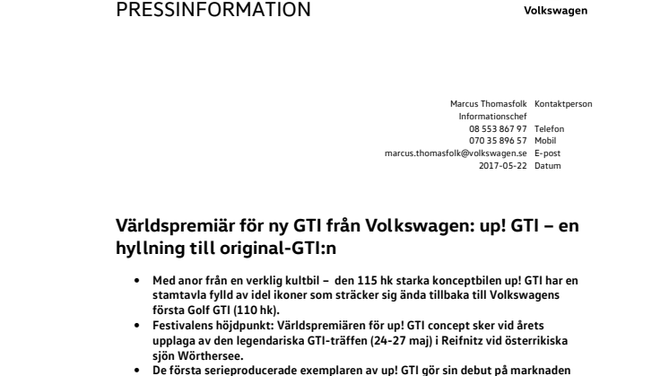 Världspremiär för ny GTI från Volkswagen: up! GTI – en hyllning till original-GTI:n