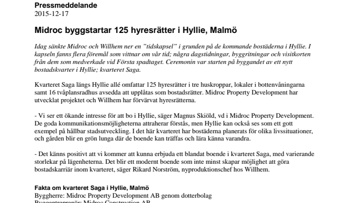 Midroc byggstartar 125 hyresrätter i Hyllie, Malmö