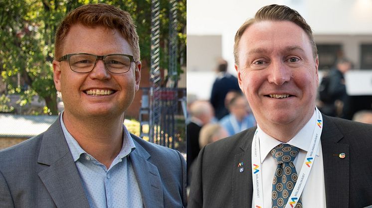 Fredrik Rönning (S), kommunstyrelsens ordförande Smedjebackens kommun och Jens Sjöström (S), investeringsregionråd Stockholm och ordförande Mälardalsrådet. Pressbilder.