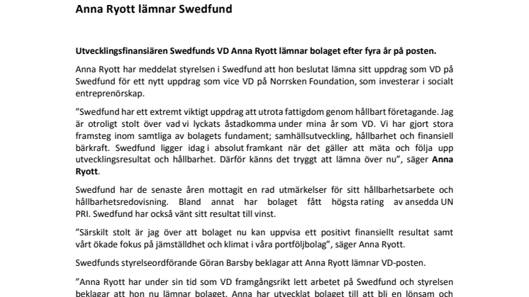 Anna Ryott lämnar Swedfund 