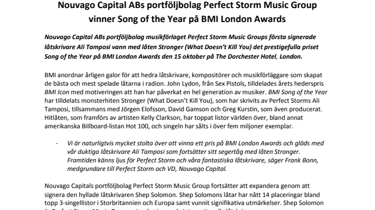 Nouvago Capital ABs portföljbolag Perfect Storm Music Group vinner Song of the Year på BMI London Awards