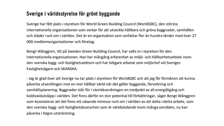 Sverige i världsstyrelse för grönt byggande