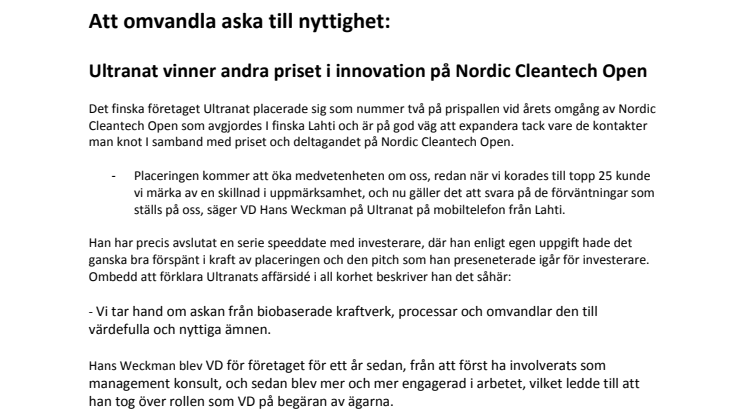 Finska Ultranat vinner andrapriset i Nordic Cleantech Open 2012
