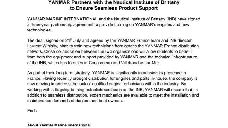 YANMAR Partners with the Nautical Institute of Brittany to Ensure Seamless Product Support