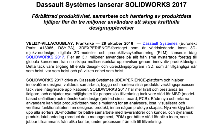 Dassault Systèmes lanserar SOLIDWORKS 2017