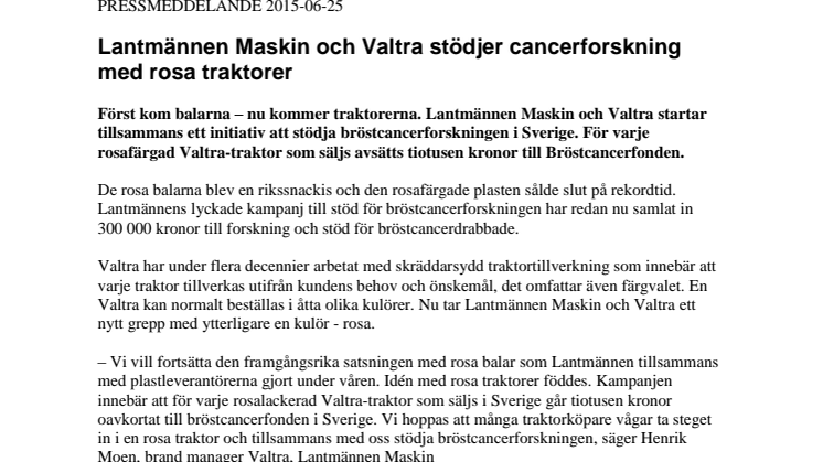 Lantmännen Maskin och Valtra stödjer cancerforskning med rosa traktorer