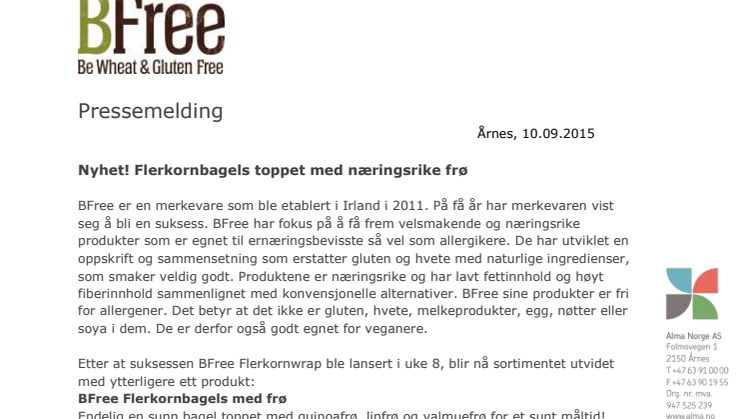 BFree lanserer glutenfrie flerkornbagels med superfrø