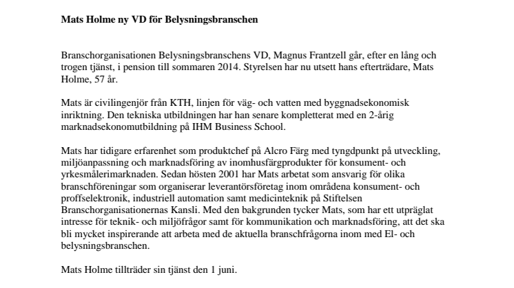 Mats Holme ny VD för Belysningsbranschen