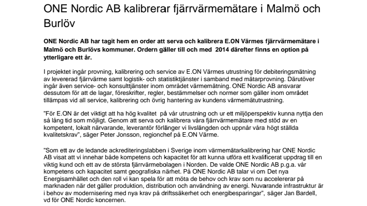 ONE Nordic AB kalibrerar fjärrvärmemätare i Malmö och Burlöv
