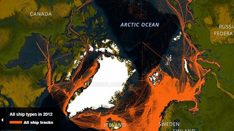 Photo: Ship traffic in the Arctic in 2012. Note the concentration shipping routes near the Norwegian and Russian coastline. (Source wwfarcticmaps.org).