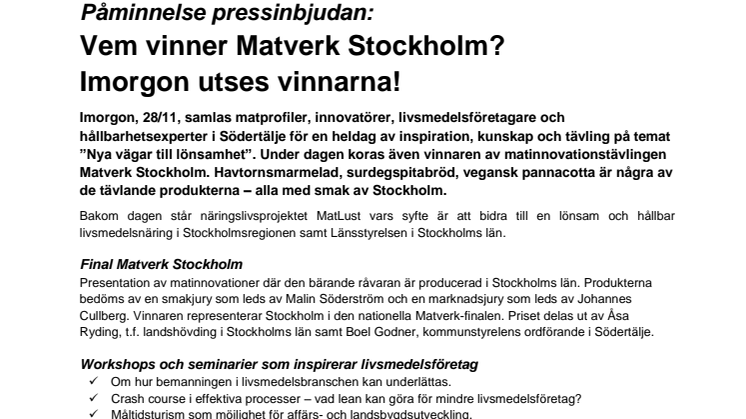 Påminnelse pressinbjudan:  Vem vinner Matverk Stockholm?  Imorgon utses vinnarna!