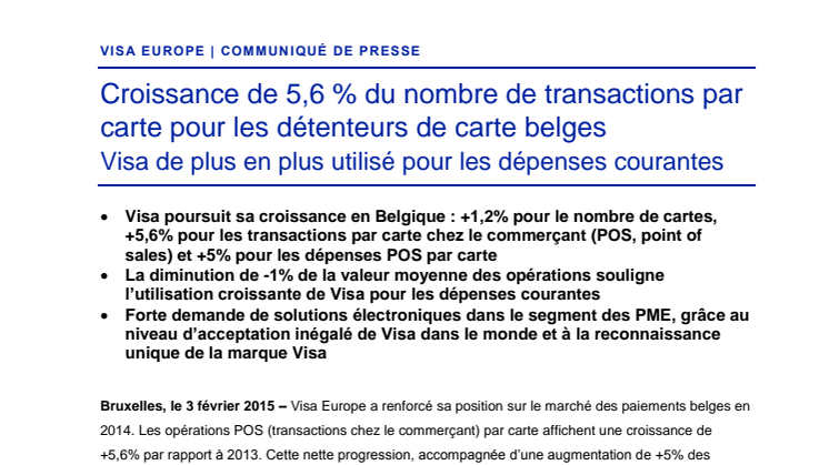 Croissance de 5,6 % du nombre de transactions par carte pour les détenteurs de carte belges - Visa de plus en plus utilisé pour les dépenses courantes