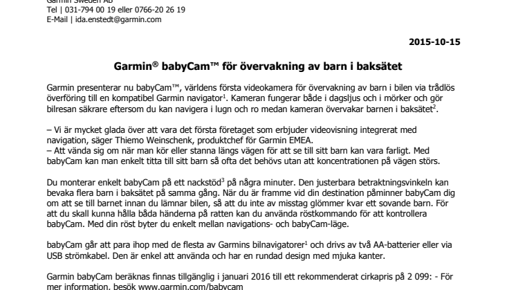 Garmin® babyCam™ för övervakning av barn i baksätet