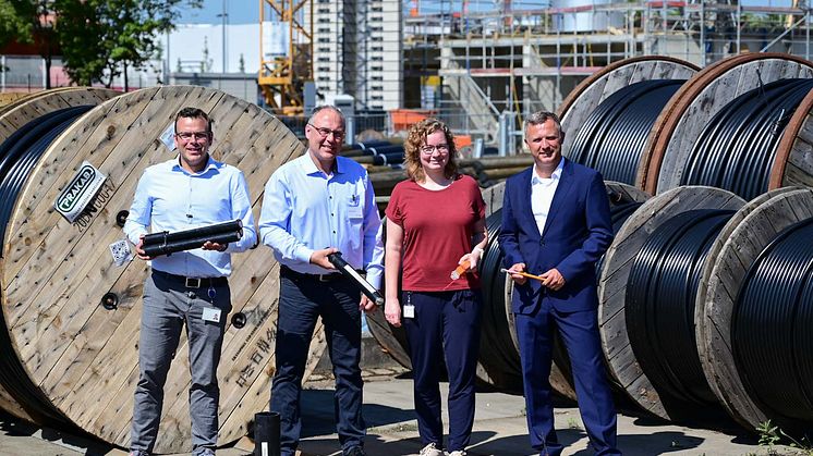 Carsten Schneider, Thomas Kotarski, Viktoria Klemens  und Bernd Göttlicher präsentieren im Lager verschiedene Kabeltypen.