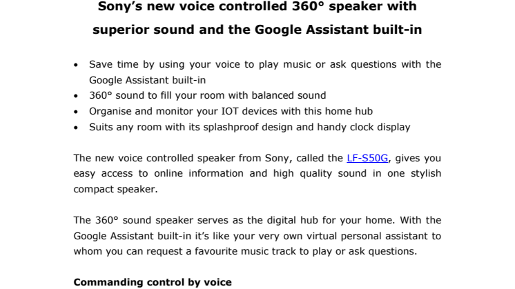 Smart sound all around: Sony’s new voice controlled 360° speaker with superior sound and the Google Assistant built-in
