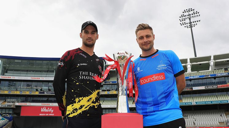 Somerset captain Lewis Gregory (left) and Sussex Sharks captain Luke Wright pictured with the new Vitality Blast trophy at Edgbaston today (Friday), before their teams meet in the second semi final tomorrow