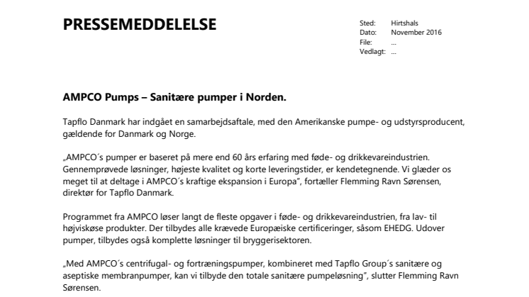 Tapflo og AMPCO Pumps – Sanitære pumper i Norden