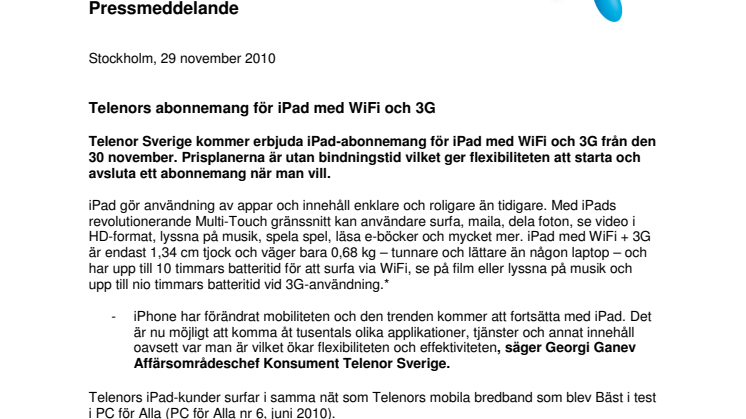 Telenors abonnemang för iPad med WiFi och 3G 